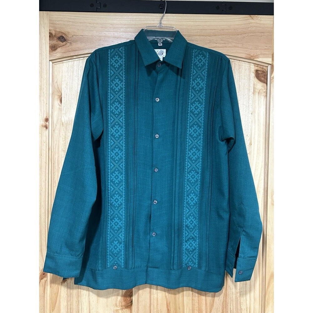 Guayabera Men’s Linen Long Sleeve Shirt Emerald Green Embroidery Size 40